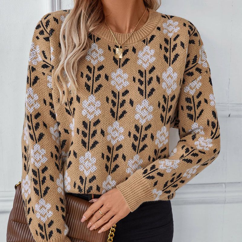 Blomster Jacquard Crew Neck Pullover Knit Sweater
