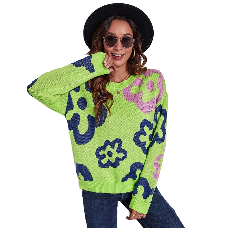 Kvinder blomster jacquard strik sweater