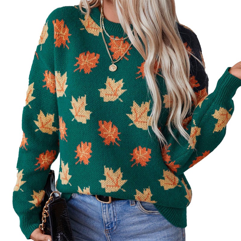 Kvinder Maple Tree Leaves Round Neck Sweater